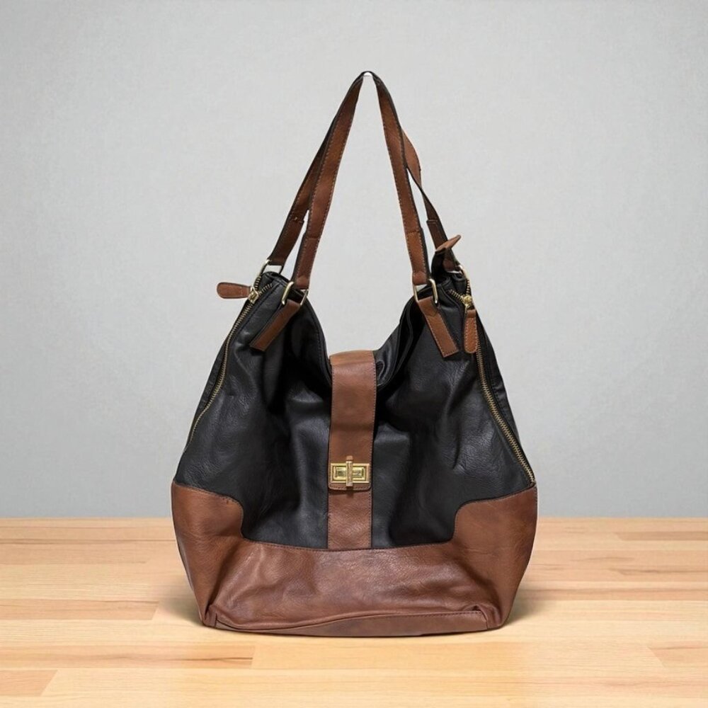 Steve Madden Black Brown Goldtone Hardware XLarge Hobo Slouch Shoulder Bag Purse